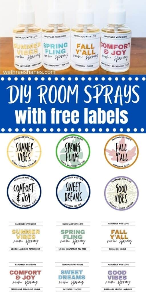 DIY Room Sprays with essential oils are non-toxic and all-natural. Get 6 recipes that will keep your home smelling fresh all year. Bonus- free printable labels. | We Three Shanes