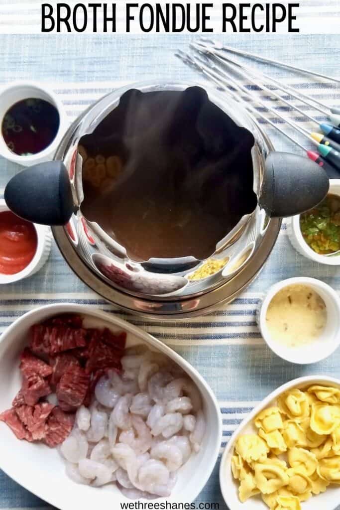 Try cooking your meat fondue in this flavorful broth instead of oil. It's healthier, easier to clean up, and is much tastier than meat cooked in oil. | We Three Shanes