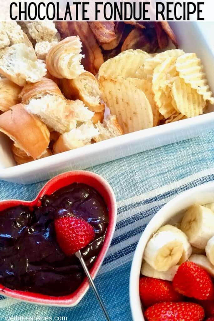 Chocolate fondue is the perfect desert for any occasion. This easy recipe can be made in minutes with out a fondue pot. | We Three Shanes