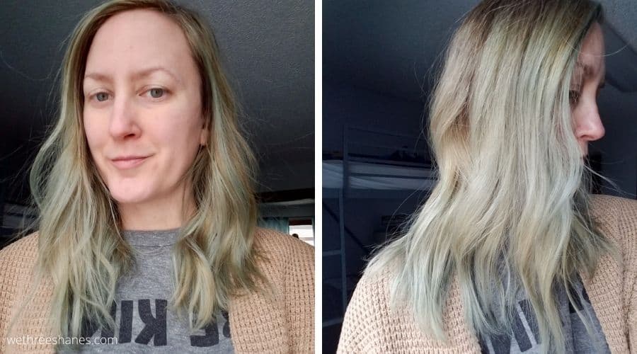 After photo of Overtone Vibrant Silver: A front and side view of my shoulder length hair in curled waves makes the blotchy color less noticeable.