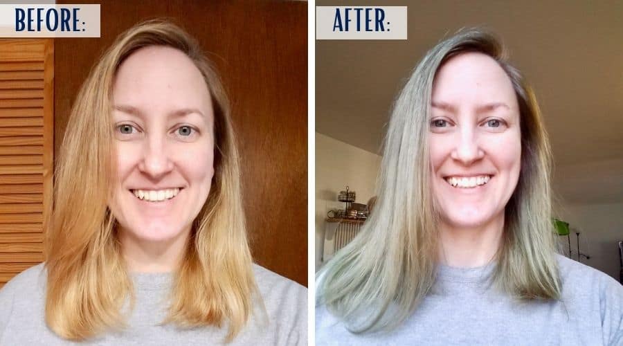 A before and after look at how Overtone Vibrant Silver looks on my level 8 bleached hair. | We Three Shanes