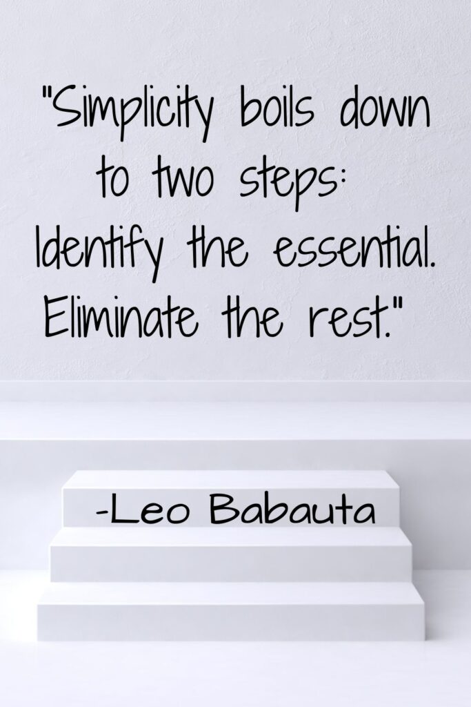 A quote about simplicity by Leo Babauta, "Simplicity boils down to two steps: Identify the essential. Eliminate the rest."