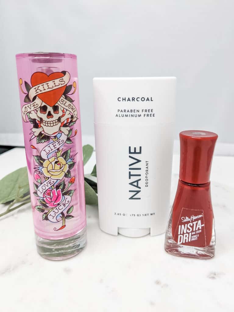 These personal beauty products are super affordable. Ed Hardy De Parfum Spray, Native Natural Deodorant in Charcoal, and Sally Hansen Instrs-dry nail polish.