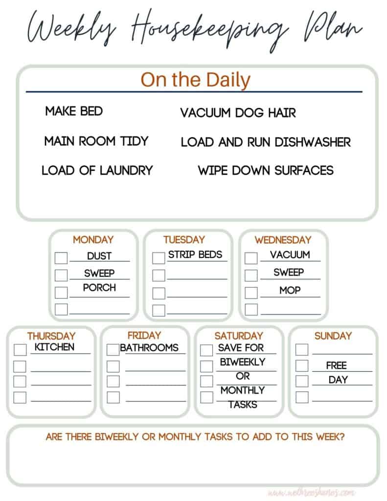 Weekly Cleaning Schedule that can be adjusted to fit your busy life. | We Three Shanes