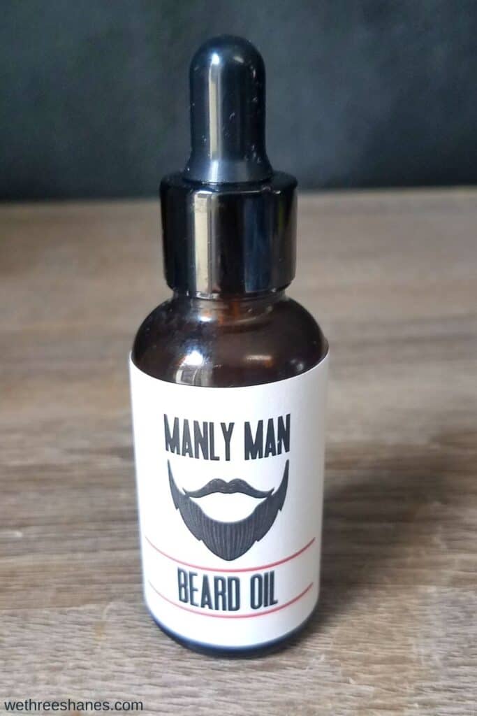 Homemade beard oil makes a great gift for the men in your life. This beard oil recipe is easy to make and customize. Plus you get these awesome printable labels for free. | We Three Shanes