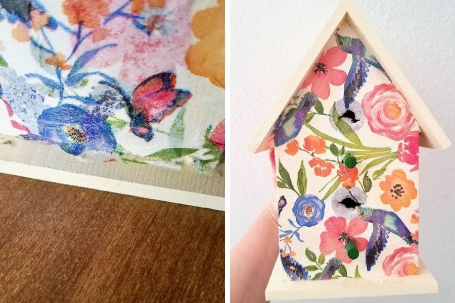 On the left photo you see ta close up of the bottom edge of the birdhouse with a little extra napkin that needs to be sanded away. On the right you see a full shot of the decoupaged birdhouse with a puncture through the napkin in the two openings of the birdhouse.