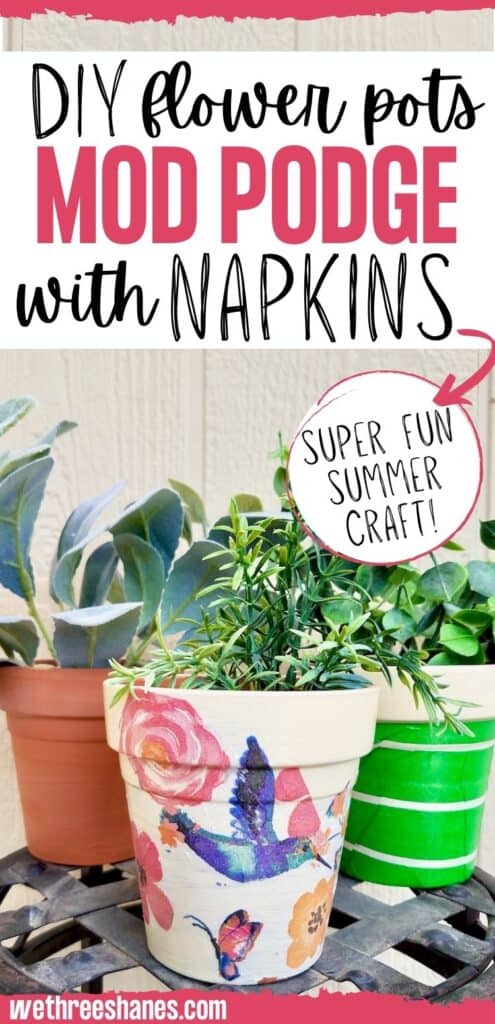 The simple tutorial will show you how to properly decoupage napkins on terra cotta pots so you can plant in them and use them outside. | We Three Shanes