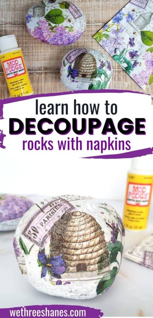 Learn how to decoupage rocks with napkins. A simple and fun summer craft! | We Three Shanes