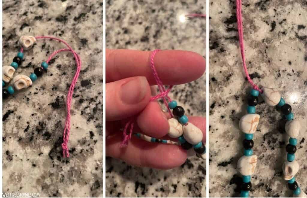 Three photos of pink string and blue, black, and skull beads. Shows how to tie the sting off so the beads don't fall off the phone charm.