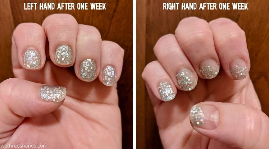 Nails Mailed review. Left hand looks good after one week of wear but the glitter nail strips shifted on the right hand. 