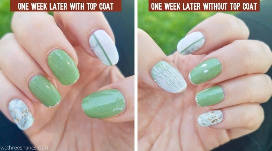 Nails Mailed Review top coat vs no top coat. The hand that had a top clear coat shows wear on the tips of the nails but that's really it. The nails mailed strips without a top coat peeled and lost pigment on the solid green color nails but the patterned nails held up pretty well. 