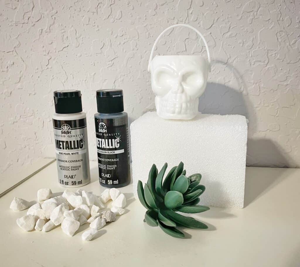 picture of craft supplies.  paint, little white rocks, succulent, skull head and craft foam.