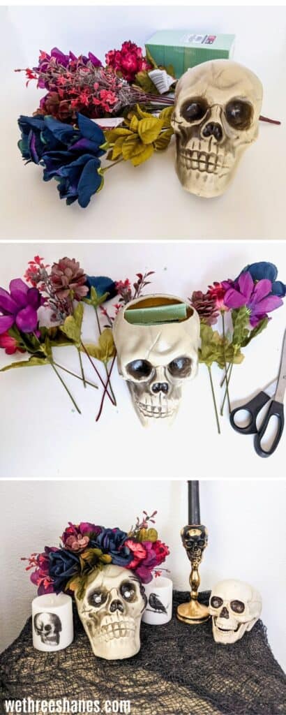 three pictures stacked on each other.   Top one shows a skull head, some flowers and a foam block.  Middle picture shows the skull cut open with foam inside of it and some fake flowers all around it next to a pair of scissors. Bottom picture shows a halloween display with candles, skull heads and netting.