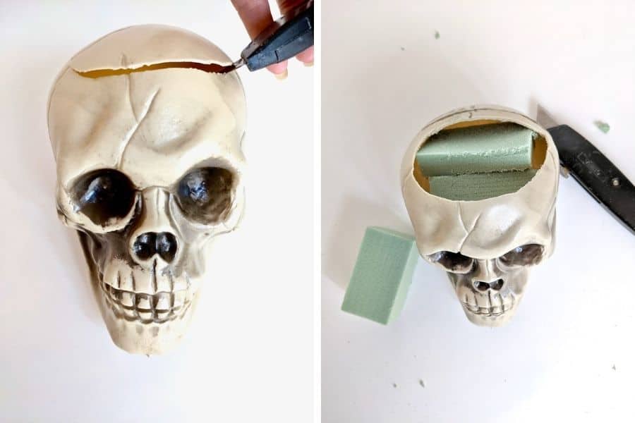 two side by side pictures of skulls.  The one on the left shows the top being cut off and the one on the right shows foam being put inside of it.