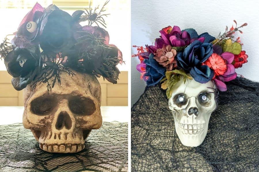 side by side pictures of skull heads with flowers coming out of the top of them.