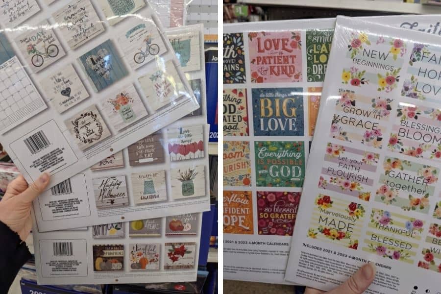 The backs of dollar store calendars from 2022. Some farmhouse style and some flowery ones with cute sayings.