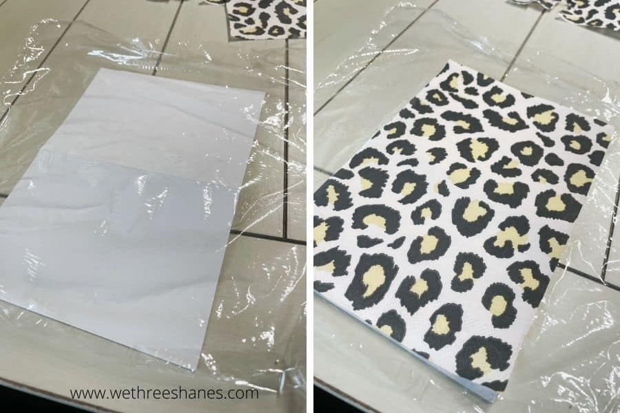 two pictures.  the picture on the left is of a blank white greeting card with plastic wrap on top of it. Picture on the right is of plastic wrap with a cheetah print napkin on top of it