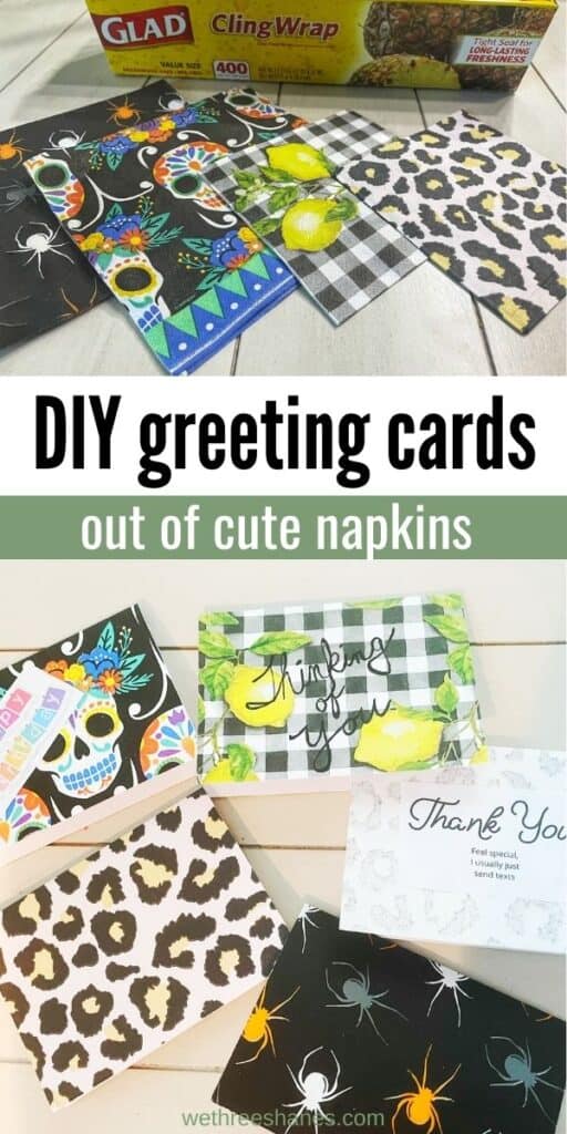 Learn how to make these adorable greeting cards using plastic wrap and napkins.  wethreeshanes.com