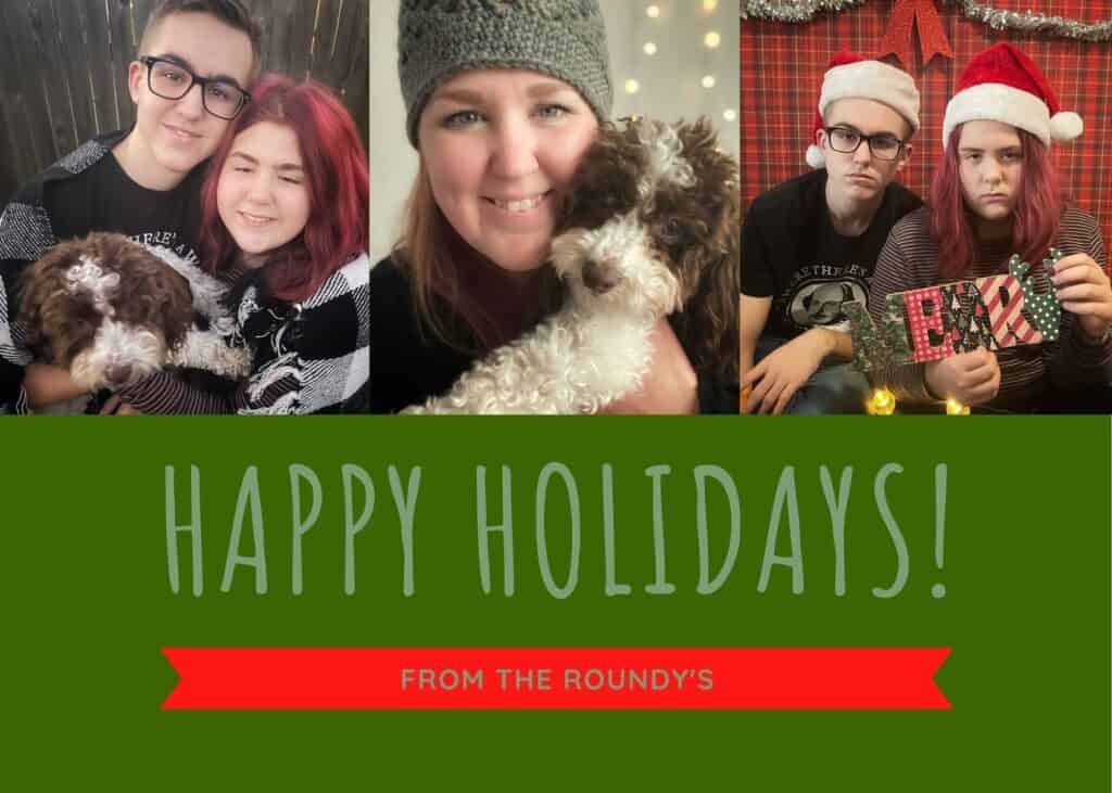 Green Christmas card with three pictures.  Left picture two teenagers holding a puppy with a blanket around them.  Middle picture a woman wearing a hat holding a puppy.  Picture to the right two teenagers with Santa hats on looking miserable holding a sign that says, "Merry"