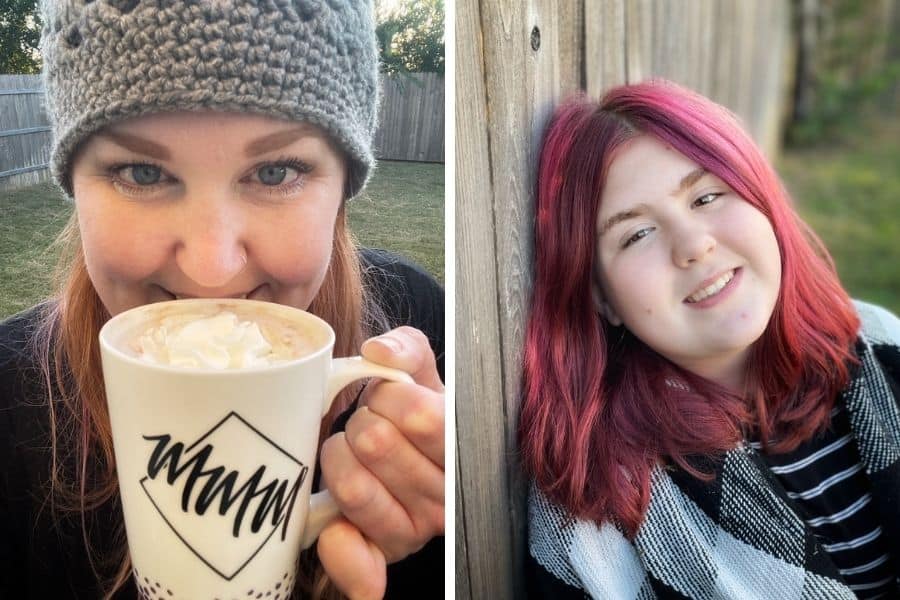 side by side pictures.  The left side is a woman holding a cup of hot chocolate smiling.  On the right is a picture of a teenager with pink hair and a blanket wrapped around herself.