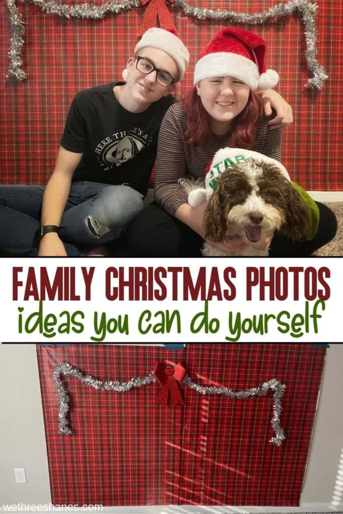 Pinterest pin with 2 pictures.  One on top is of two teenagers holding a puppy with Santa hats on.  Second picture is of wrapping paper taped to a plain wall with tinsel garland and a red glitter bow.