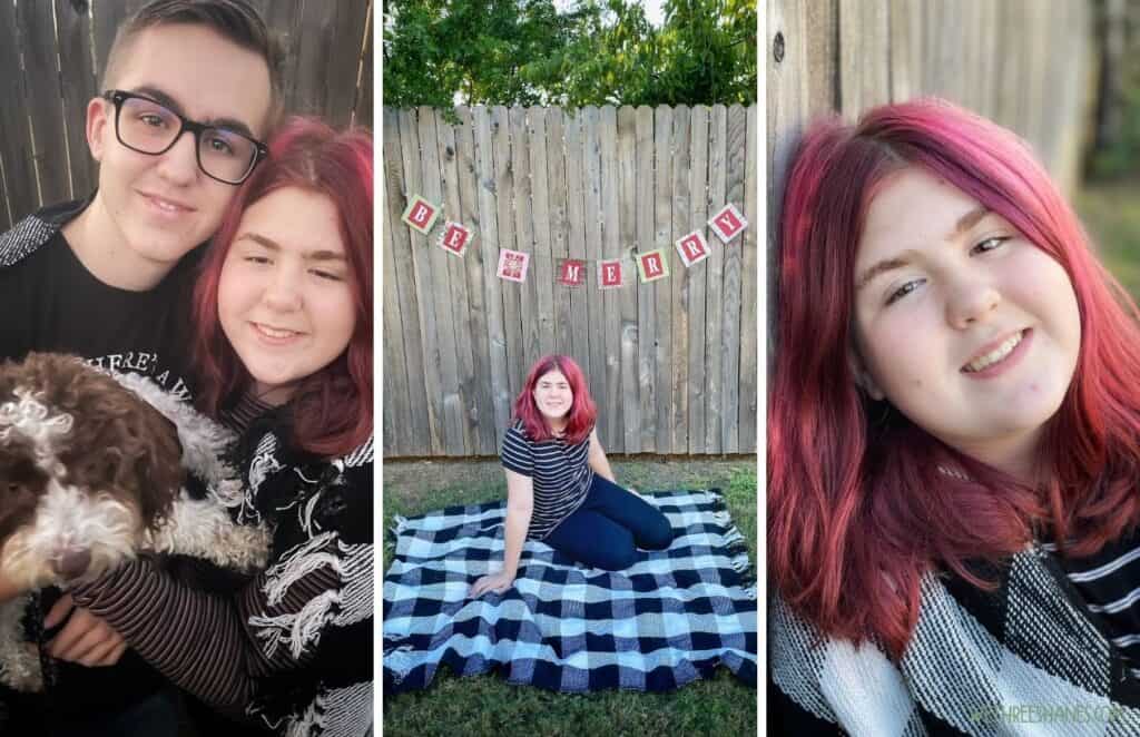 Three pictures side by side.  To the left is a teenage boy and girl outside with a blanket wrapped around them holding a puppy.  Middle picture is a teenage girl sitting on a plaid blanket in front of a wood fence with a sign that says, "Be Merry" hanging on it.  Third picture to the right is a picture of a girl wrapped in a blanket