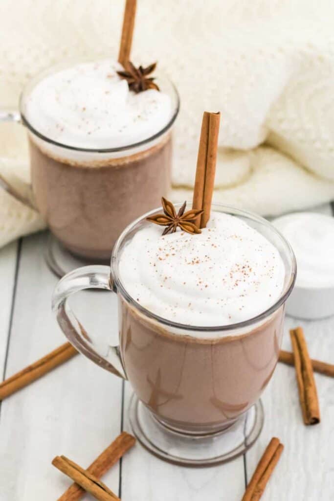 Two clear mugs of hot chocolate, topped with whipped cream, a dash of cinnamon. With cinnamon sticks sticking out of each mug.