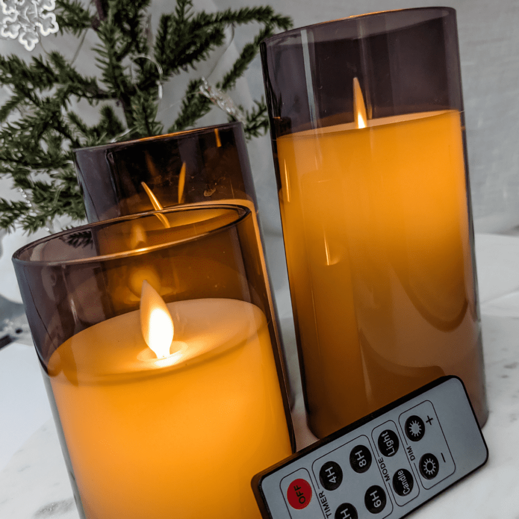 Faux candles in smoky grey glass, with remote.