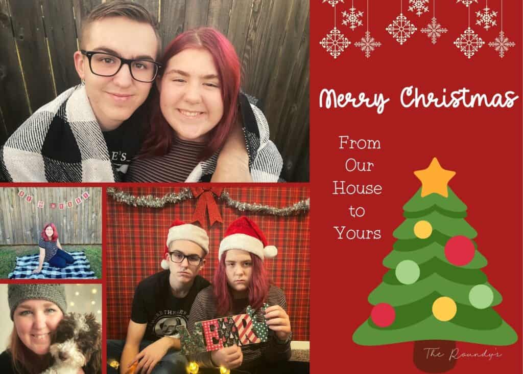 A red holiday card that says, Merry Christmas.  From our house to yours." A picture collage of teenagers, their mom and a puppy. 