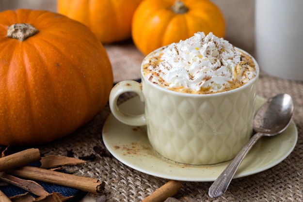 Cream colored mug with a creamy orange drink topped with whipped cream and sprinkled with cinnamon. Small pumpkins and cinnamon sticks in the background.
