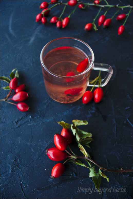 Clear mug with a light pink clear drink, on a dark blue slab, with small oval shaped rosehip berries all around.