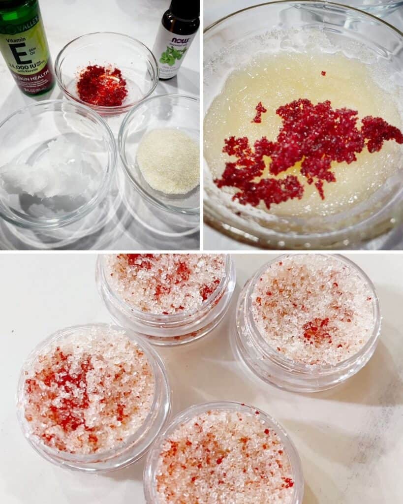 Collage of three pictures.  Top Left is three glass bowls with different ingredients in them and a container of vitamin E Oil and some peppermint essential oil.  Right top pictures is a close up of some red and white sugar.  Bottom picture is of 4 different lip scrubs that are white and red in color.