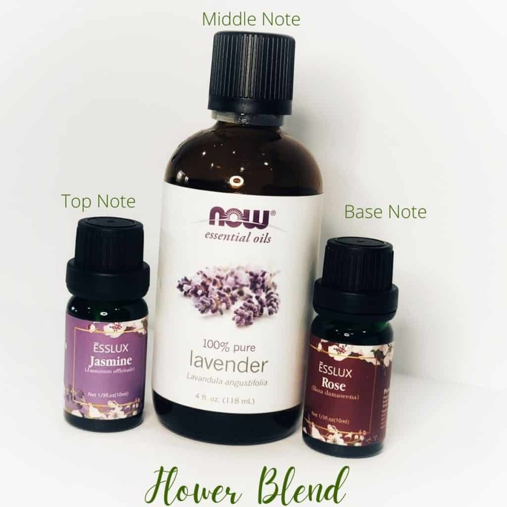 a picture of three essential oil bottles.  from left to right they are Jasmine, lavender and Rose oil.  Top text reads Flower Blend.  Botton text from left to right reads Top note, middle note and base not | WeThreeShanes 