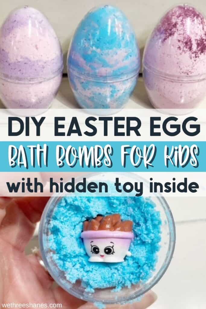 Homemade Easter Egg Bath Bombs with hidden toy inside for kids.