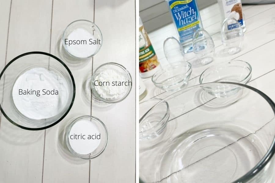 Side by side pictures.  To the left is 4 glass bowls all with a white substance inside.  Text reads, baking soda, citric acid, corn starch and epsom salt.  Picture on the right is of several glass bowl and two plastic bottles in the back ground. | wethreeshanes 