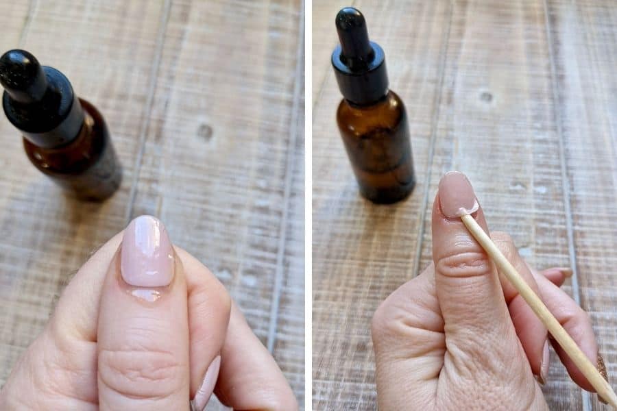 Two photos. The first is a thumb nail with a Dashing Diva nail strip on and a drop of cuticle nail oil on the cuticle. The photo on the right has a cuticle pusher under the nail strip at the base of the nail. Showing how to remove Dashing Diva nail strips.