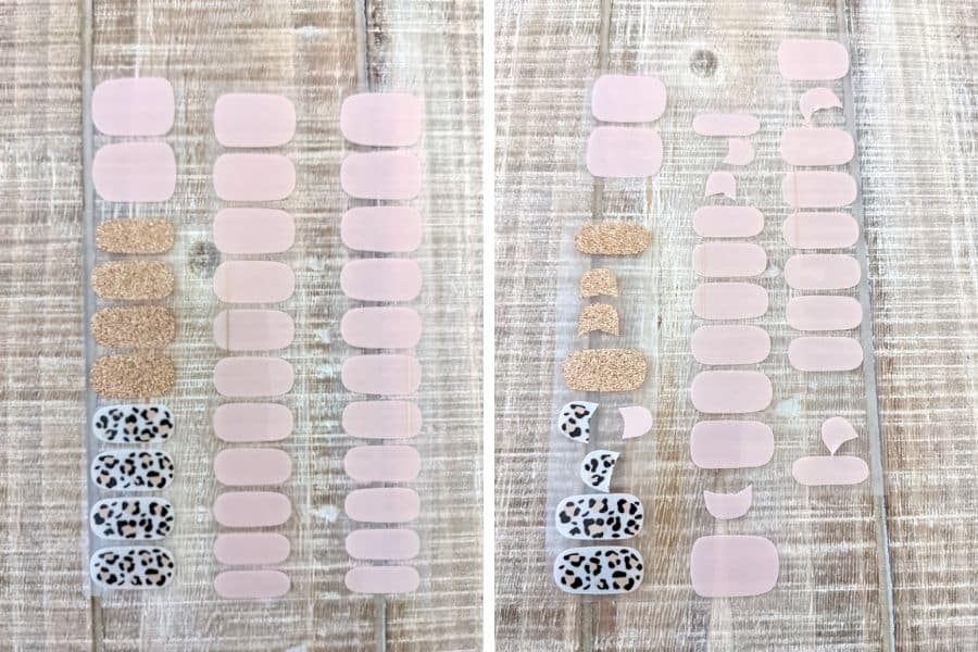 Two side-by-side photos. One the left it shows three rows of nail strips in different sizes equalling 32 all together. The photo on the right shows some used nail strips leftovers and 20 full, unused strips. 