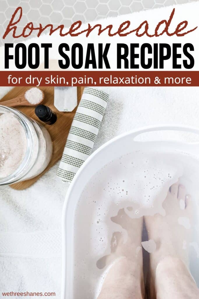 Try one of these 6 DIY foot soak recipes to fix any of your foot issues, from dry skin, cracked heels, pain, swelling, foot fungus and more. | We Three Shanes