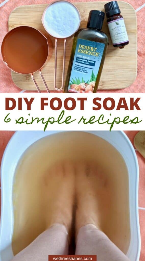 Show your feet some love with one of these 6 DIY foot soak recipes. You'll find recipes to improve dry skin, cracked heels, yellow toenails, foot fungus and tired, sore feet. | We Three Shanes