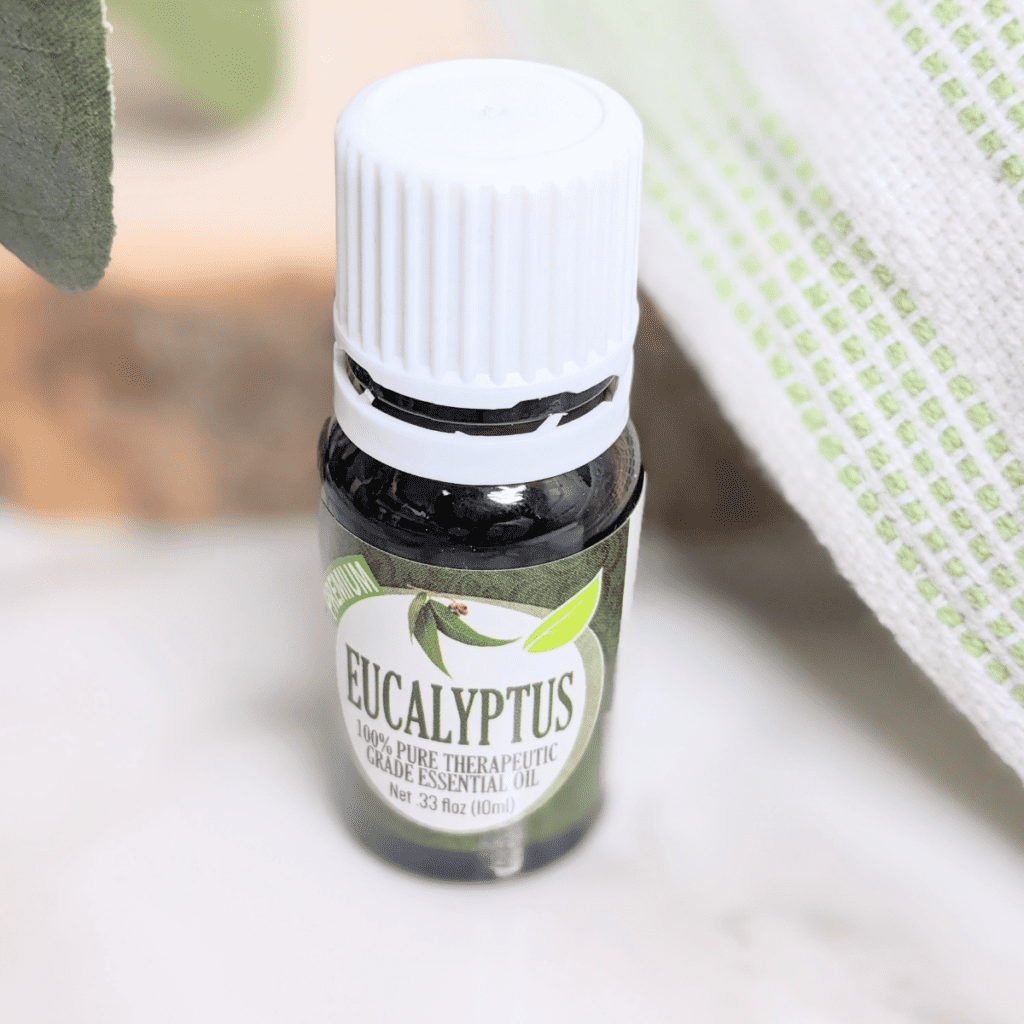 Bottle of Eucalyptus oil,  one of 
 the best essential oil mold and mildew fighters in cleaning.