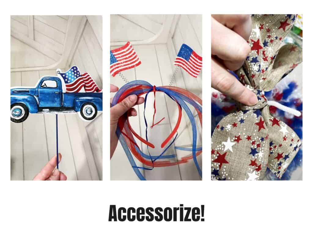 Three pictures.  Left a metal blue truck, middle picture a patriotic head band and third on right a patriotic ribbon with red, white and blue stars on it.