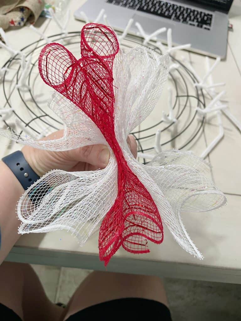 Hand holding a bunch of white mesh with a cluster of red mesh in the middle
