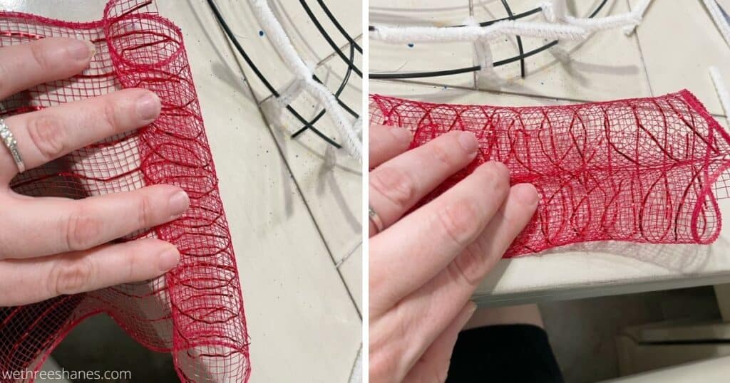 Two pictures.  Left picture of a hand holding some red mesh with the right side rolled inward. Second picture on right of a hand holding red mesh with both sides rolled in towards the middle