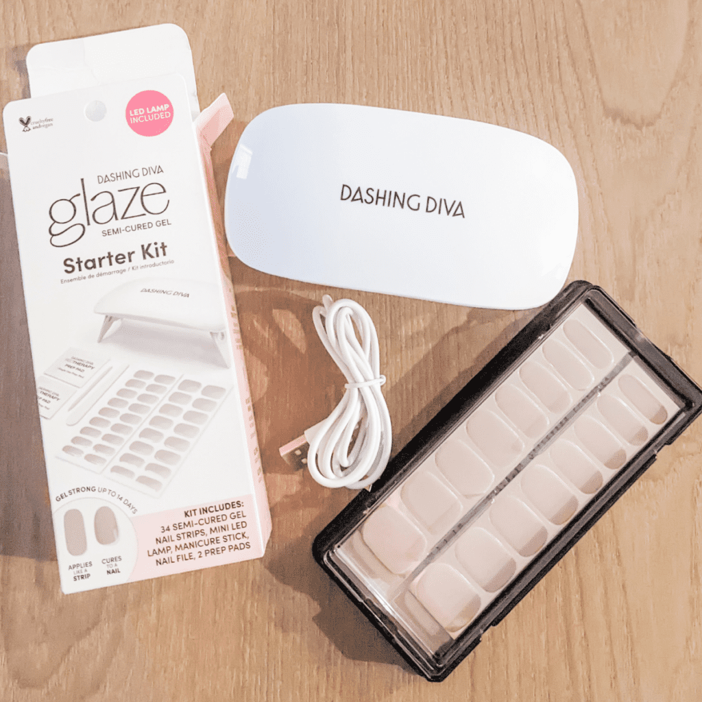 Dashing Diva Glaze Nail strips starter kit with mini LED lamp.