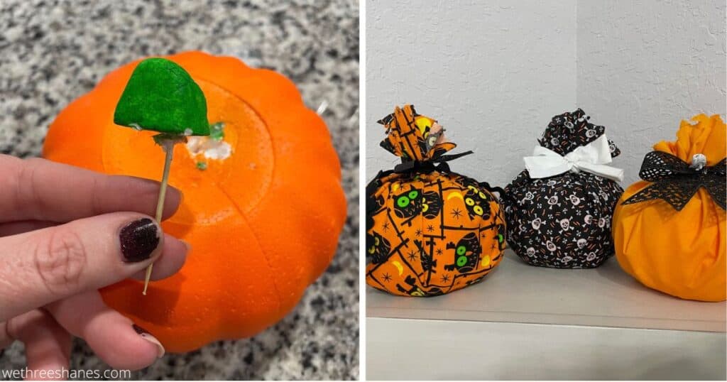 two pictures.  On the left a foam pumpkin with the stem taken off.  On the right three different pumpkins wrap in halloween fabric