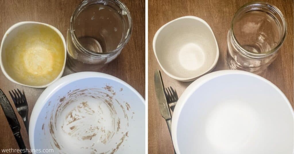 Trying out Truly Free Dishwasher Detergent on some caked on food dishes. Left photo is dirty dishes. Right photo is same dishes all clean.