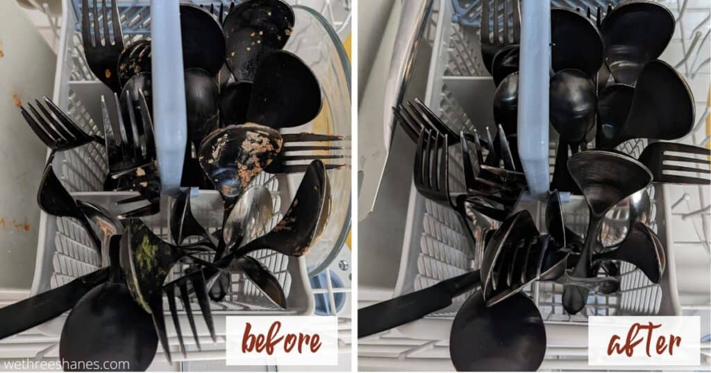 Showing before and after of dirty silverware to clean silverware after using Truly Free dishwasher soap.