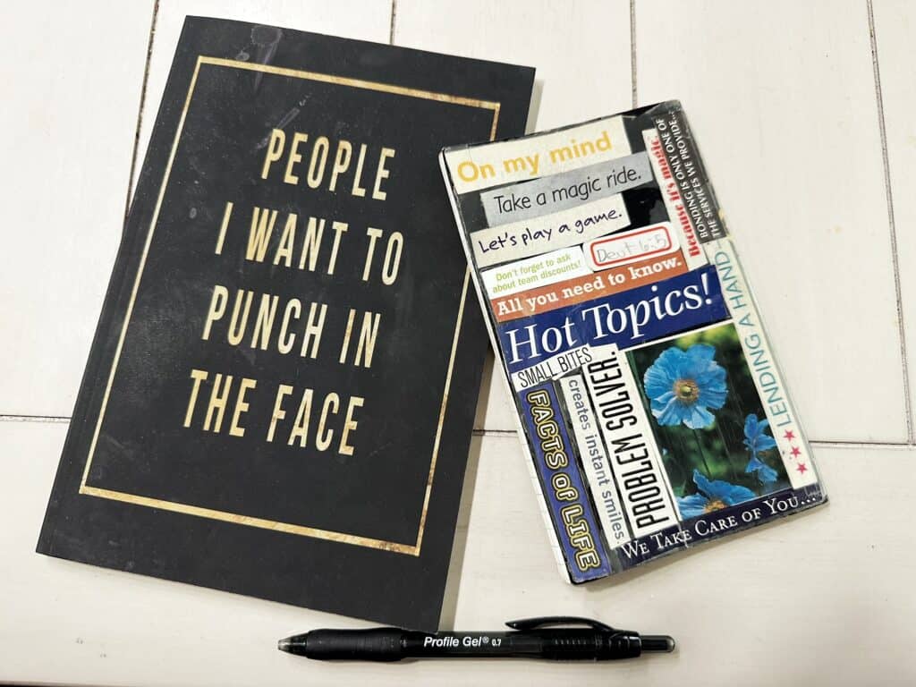 a picture of two journals.  The journal on the left is black and it says, "People to punch in the face" the one on the right is smaller and has a lot of different sayings on it. 