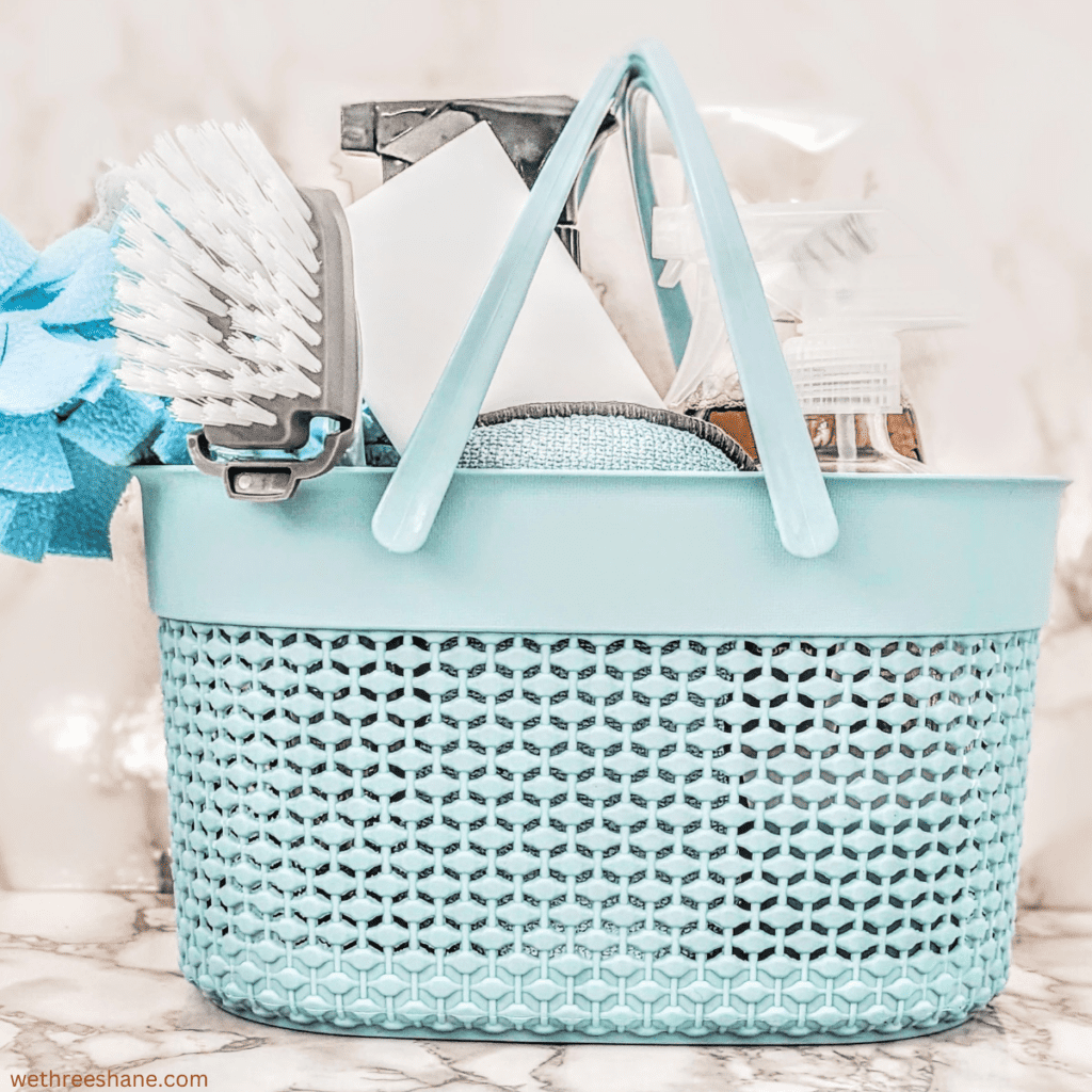 Basket filled with cleaning products.