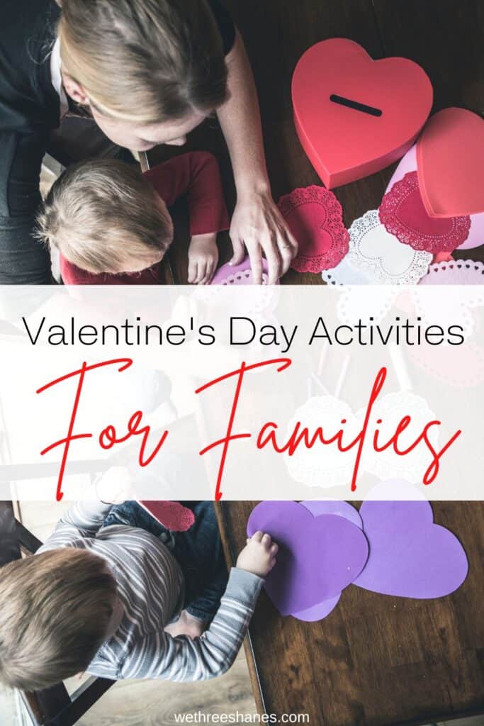 Mother and kids making homemade valentines day cards to celebrate valentines day together. | wethreeshanes.com 